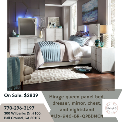 Mirage queen panel bed, dresser, mirror, chest, and nightstand
