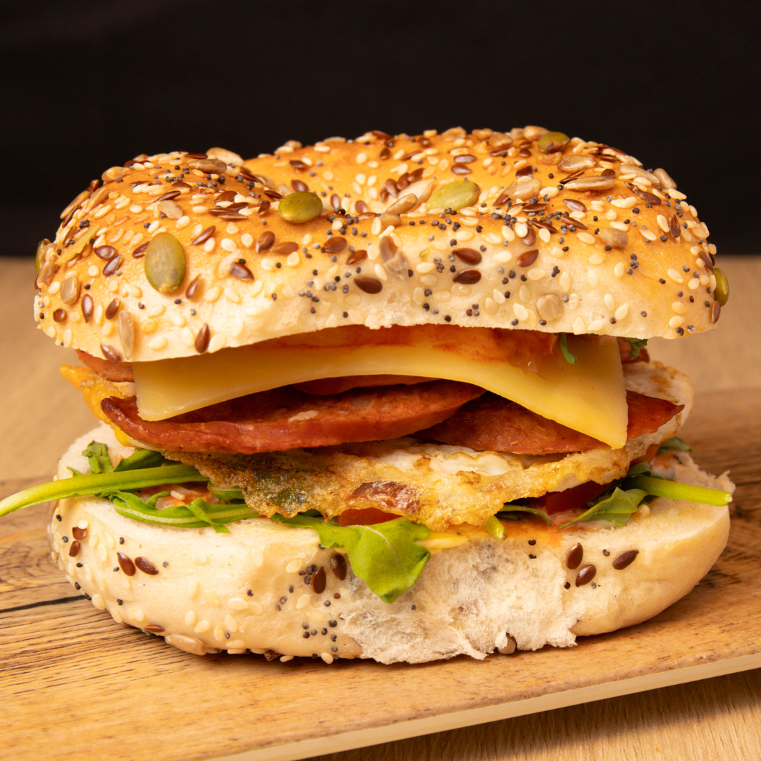 Spicy Chorizo & Fried Egg Bagel Sydney Cafe C&M's Spicy Chorizo & Fried Egg Bagel