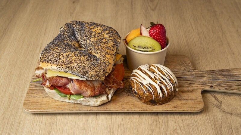 Bacon & Egg Breakfast Snack Box Sydney Cafe C&M's Bacon & Egg Bagel Breakfast Snack Box