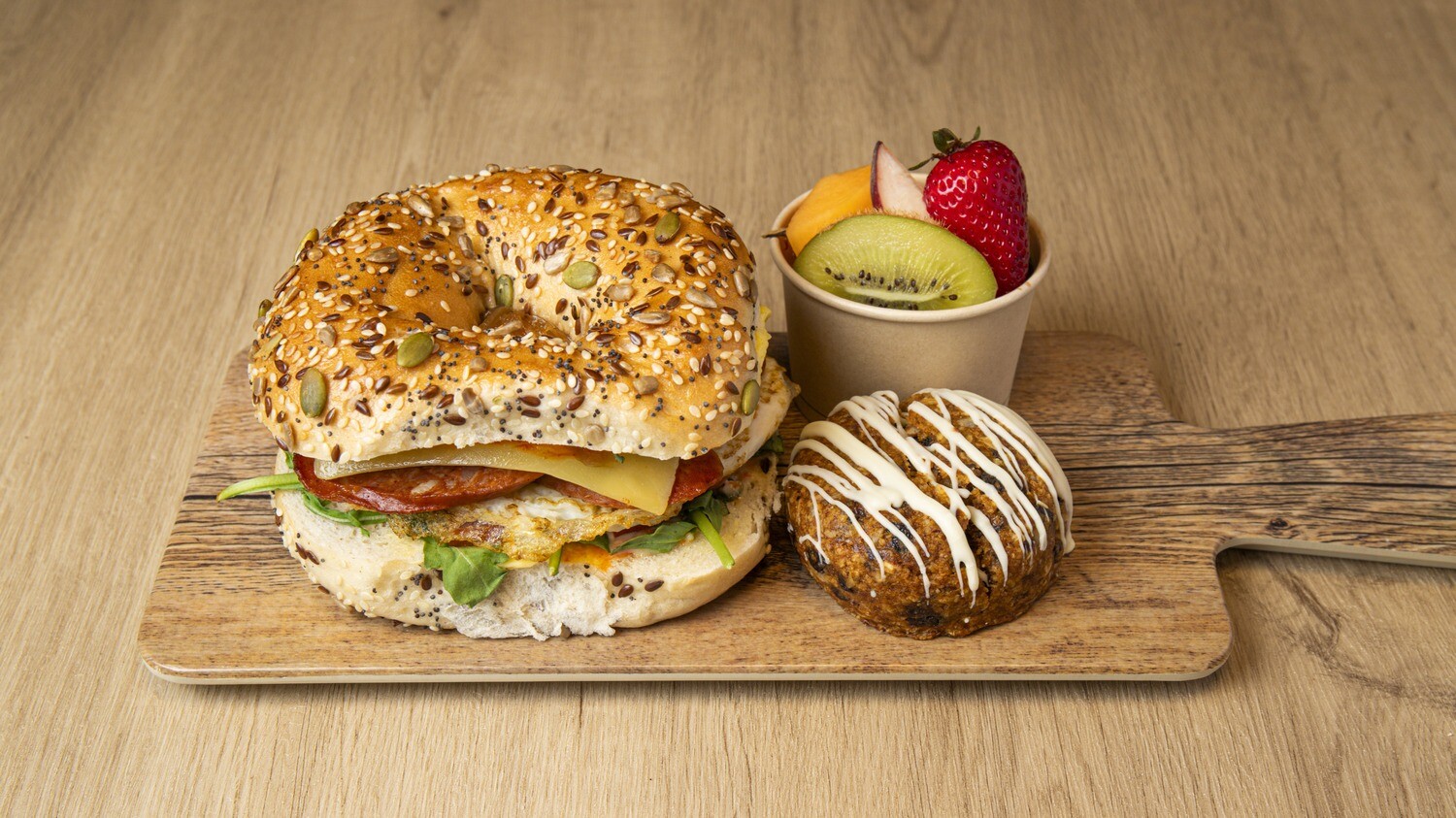 Chorizo, Egg, Cheese & Tomato Bagel Lunch Snack Box Sydney Cafe C&M's Chorizo, Egg, Cheese & Tomato Bagel Lunch Snack Box