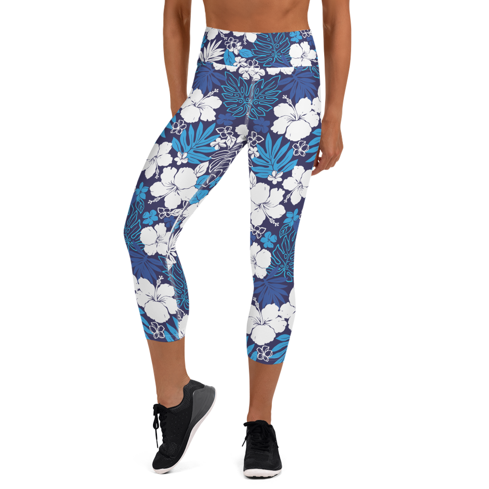Womens White Hibiscus Yoga Capri Leggings