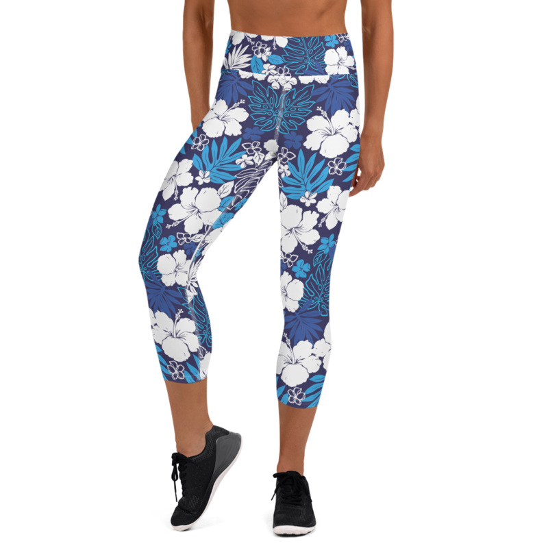 Womens White Hibiscus Yoga Capri Leggings