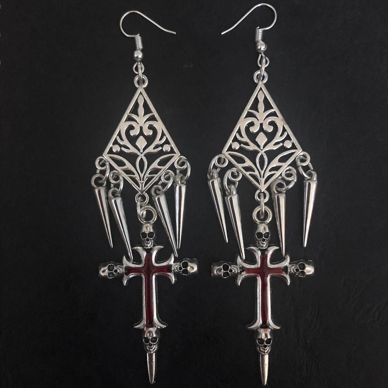 Crimson Skull Cross Gothic Earrings