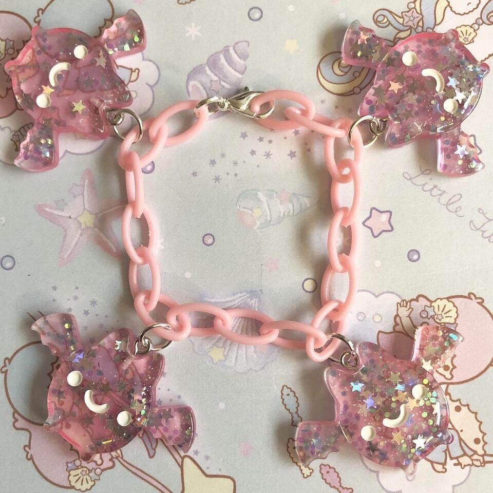 Pastel Goth Sparkly Bats Bracelet (Pink)