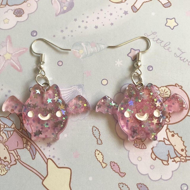 Pastel Goth Sparkly Bats Earrings (Pink)