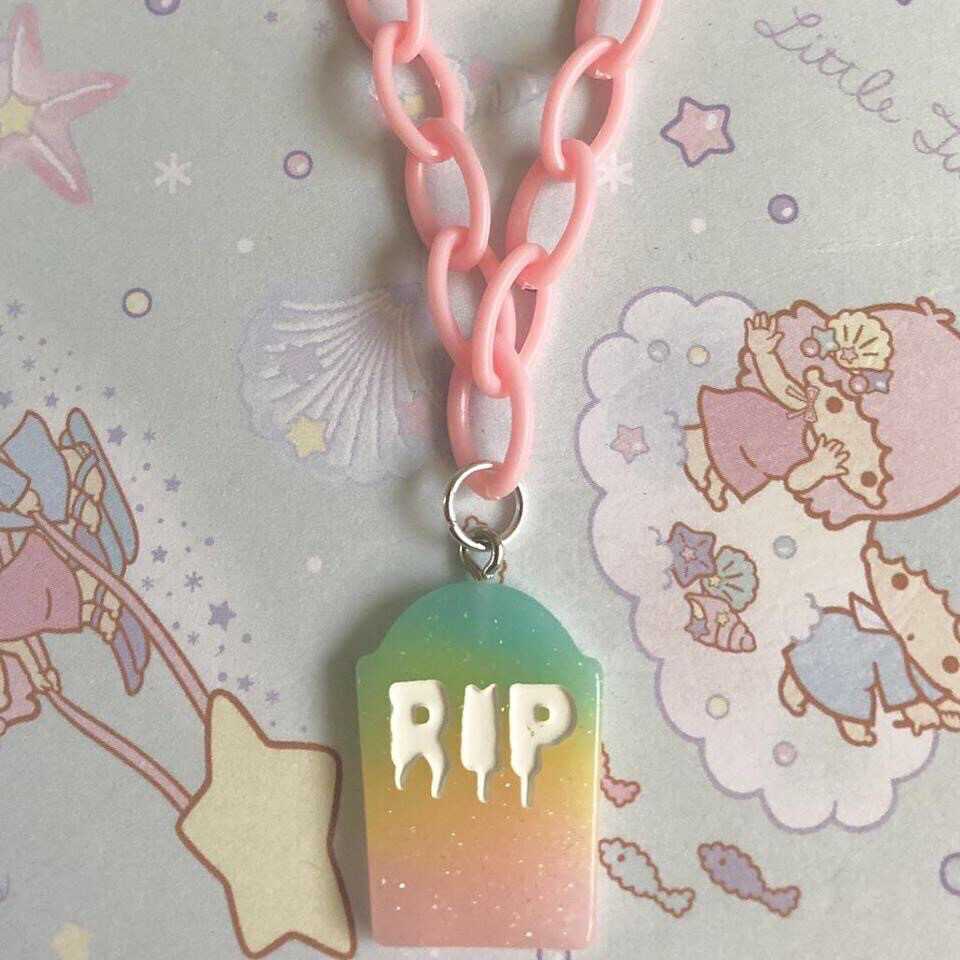 Pastel Goth Tombstone Necklace (Pink/Blue)