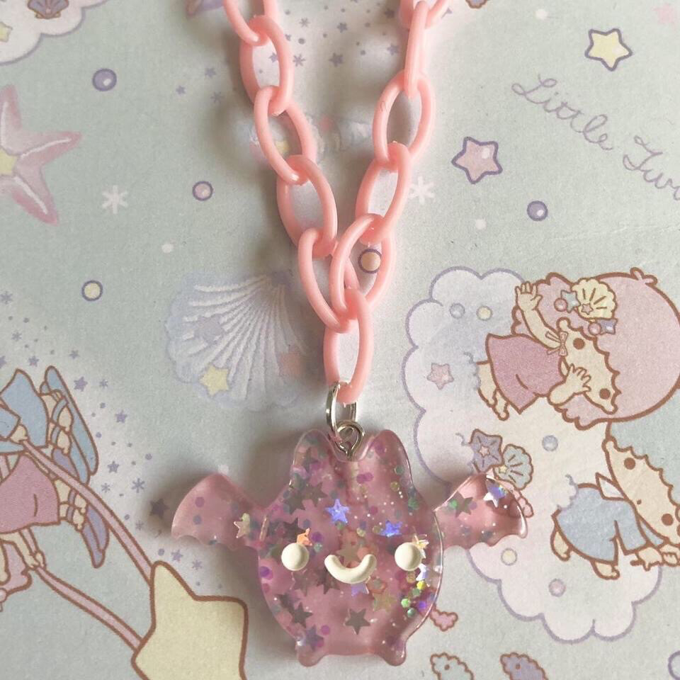Pastel Goth Sparkly Bat Necklace (Pink)