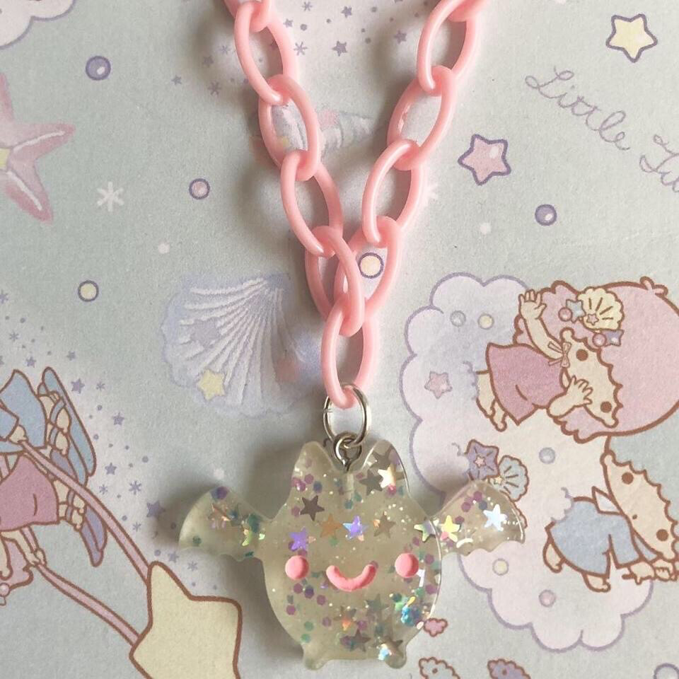 Pastel Goth Sparkly Bat Necklace (White)