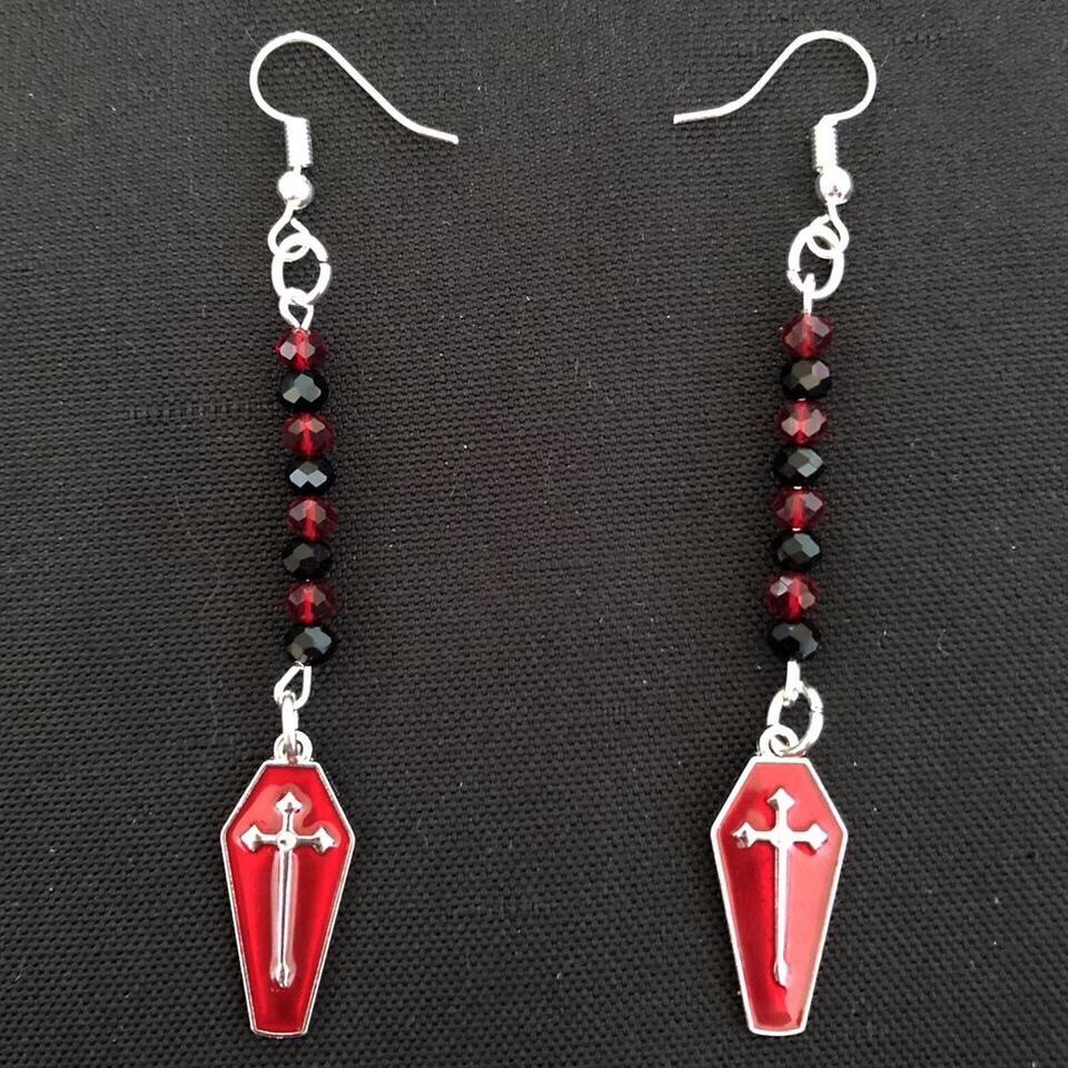 Beaded Buddies: Red Coffin Gothic Earrings