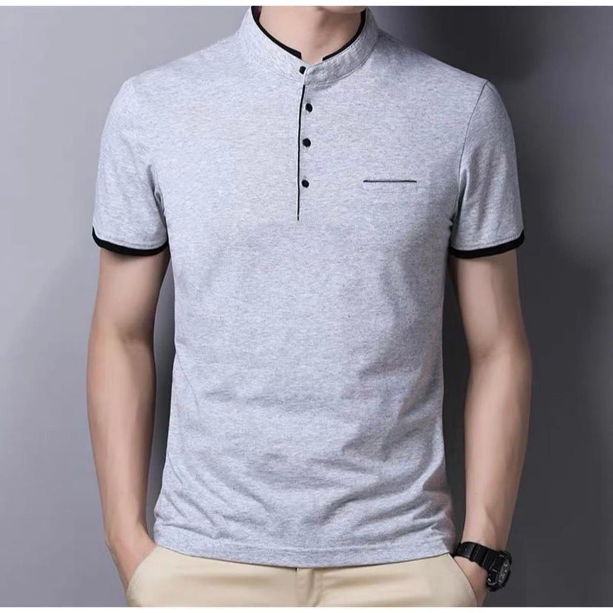 TSHIRT | detalles botones cuello chino | Small | gray