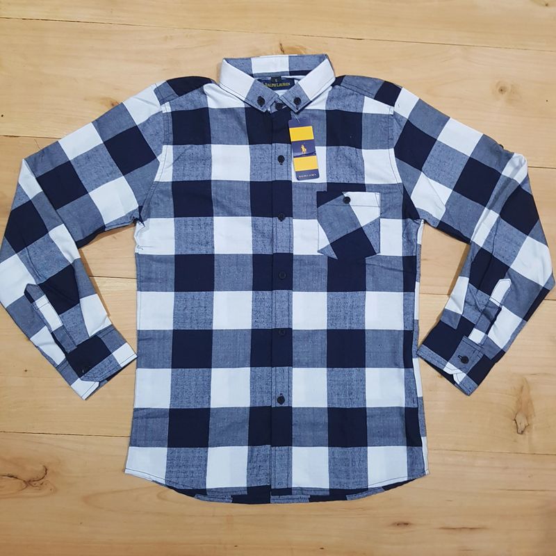 Camisa Cuadriculada azul Cuello CHINO | S - M
