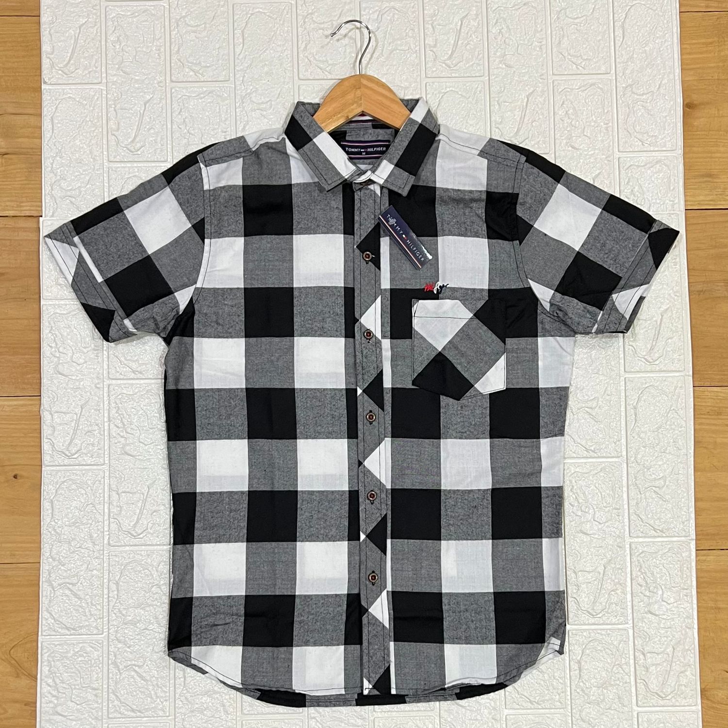 Camisa Cuadriculada negra Cuello CHINO | M - L