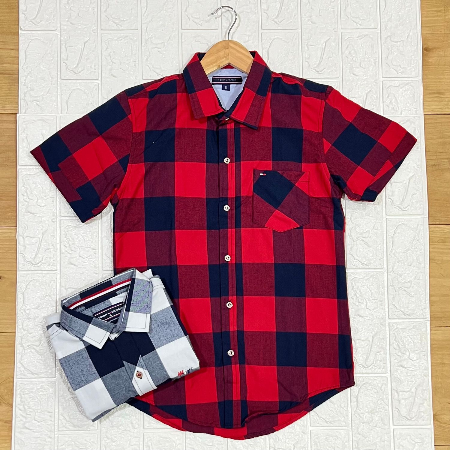 Camisa Cuadriculada roja/azul Cuello CHINO | S - M