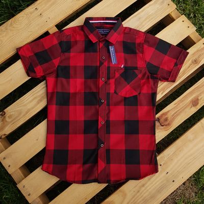 Camisa Cuadriculada roja/negra Cuello CHINO | S - M