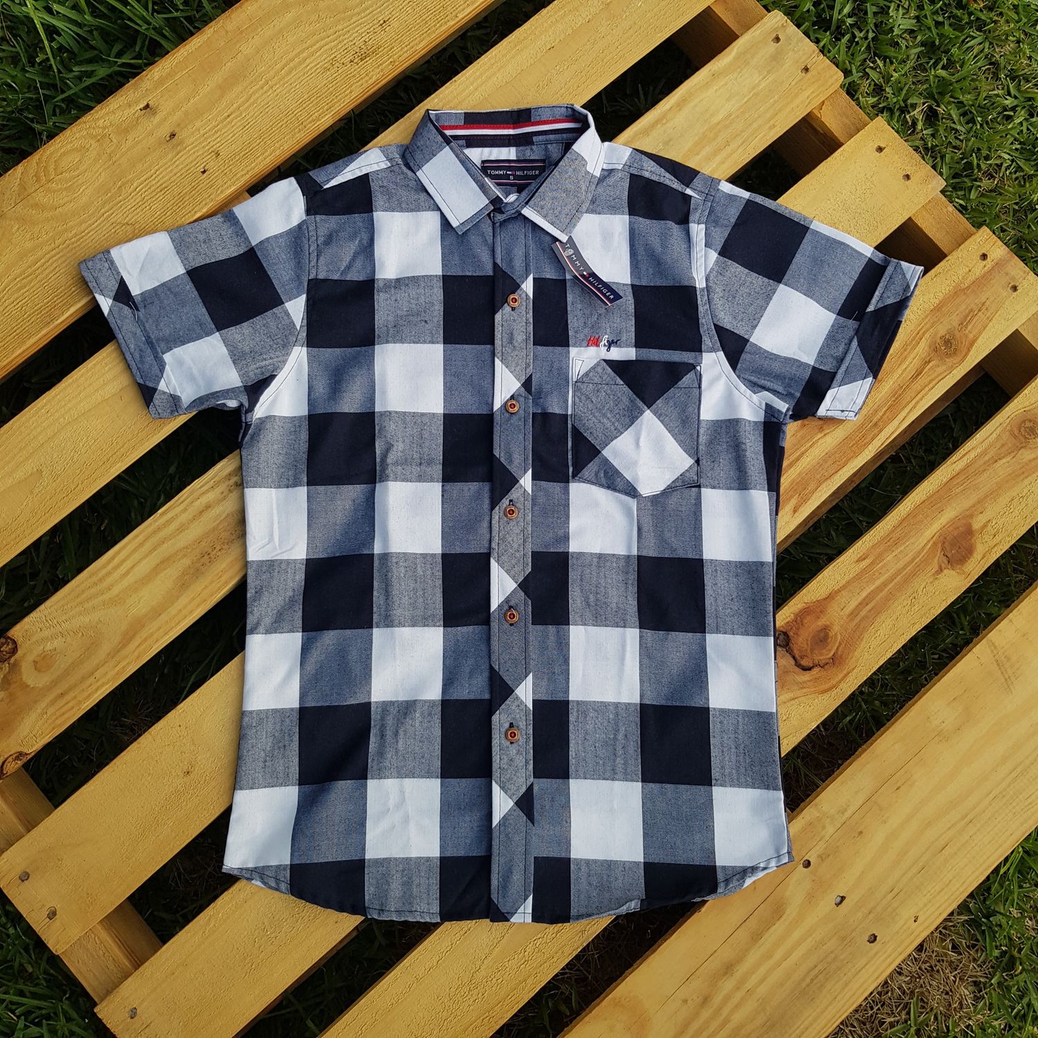 Camisa Cuadriculada azul Cuello CHINO | S - M - L