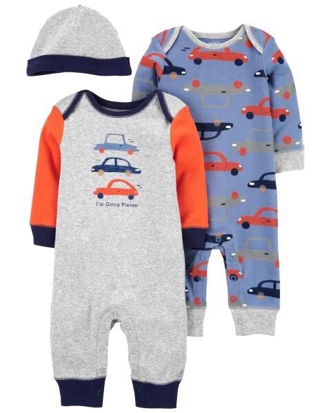 3-Piece Jumpsuits &amp; Cap Set Cars, SIZE: Newborn