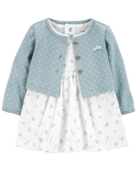 2-Piece Bodysuit Dress &amp; Cardigan Set, COLOUR: White and Blue, SIZE: Newborn