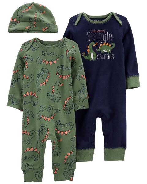 Baby 3-Pack Jumpsuits &amp; Cap Set Dino, SIZE: Newborn