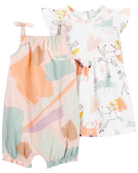 Pink Ivory Unicorn Print Romper Set