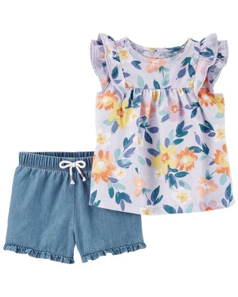 2 Piece Floral Top &amp; Chambray Short Set