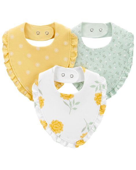 3 Pack Mint, Yellow and Ivory Flower Bib Set
