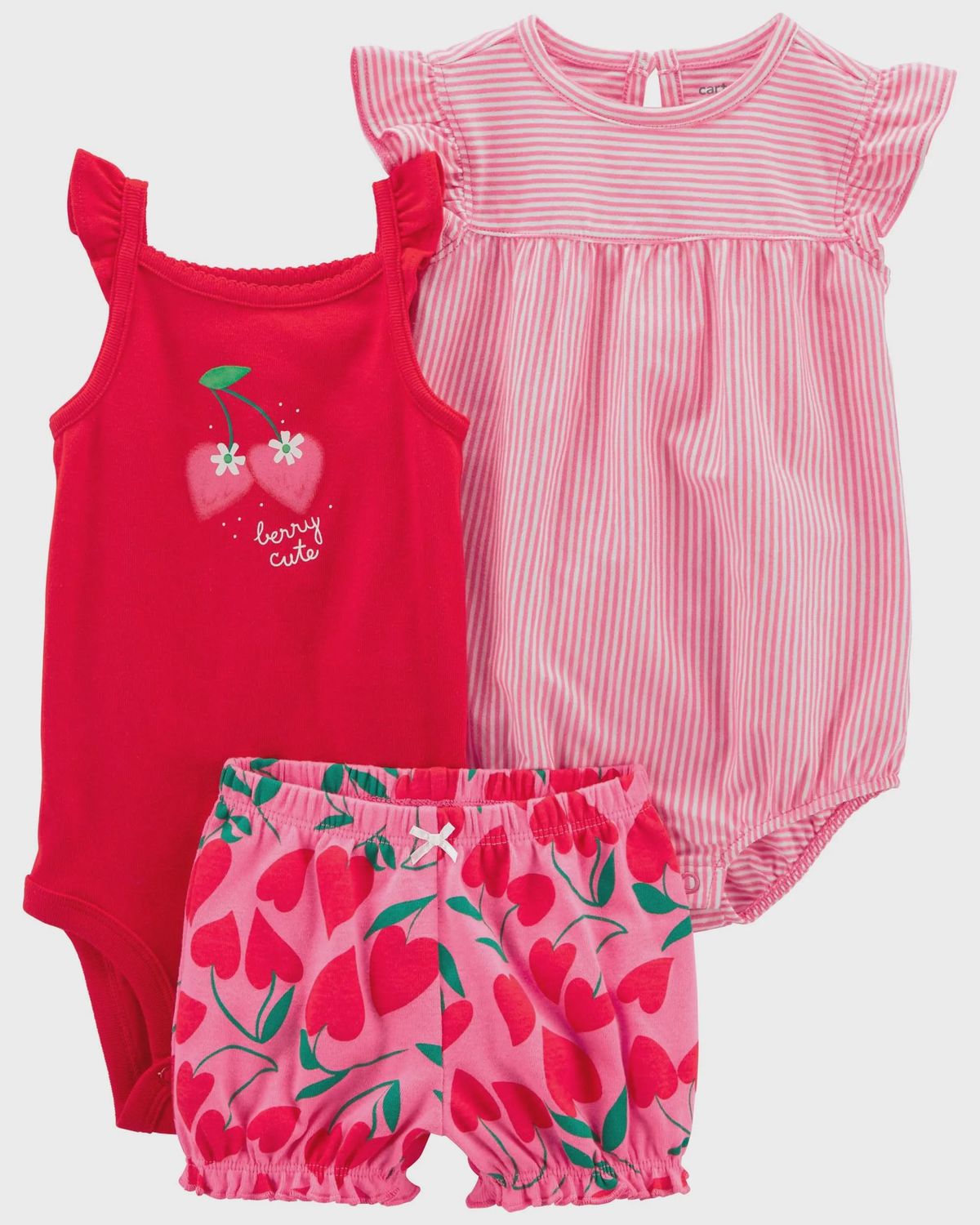 3 Piece Red Cherry Pants and Romper Set