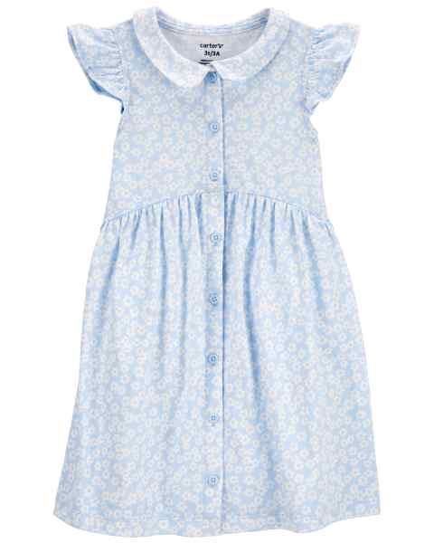 Blue Floral Button Toddler Dress