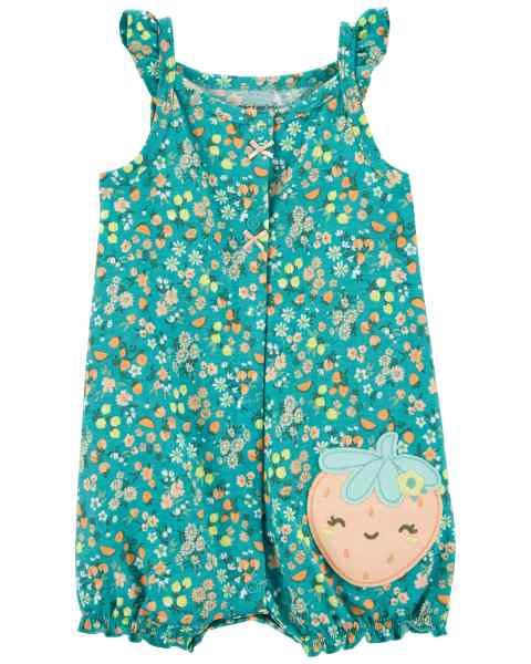 Green Floral Strawberry Romper