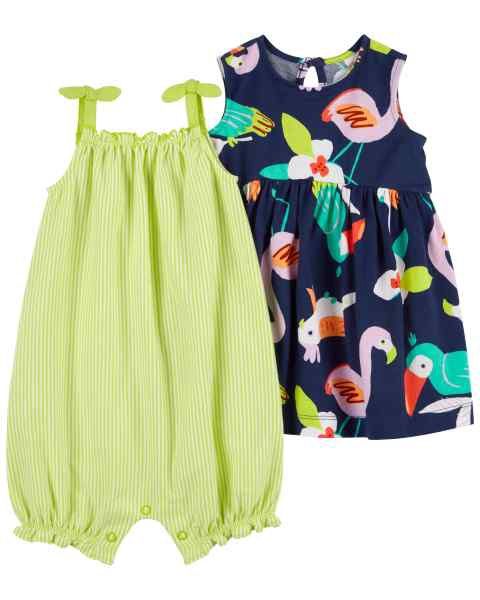 3 Piece Tropical Dress with Diaper Cover &amp; Romper Set