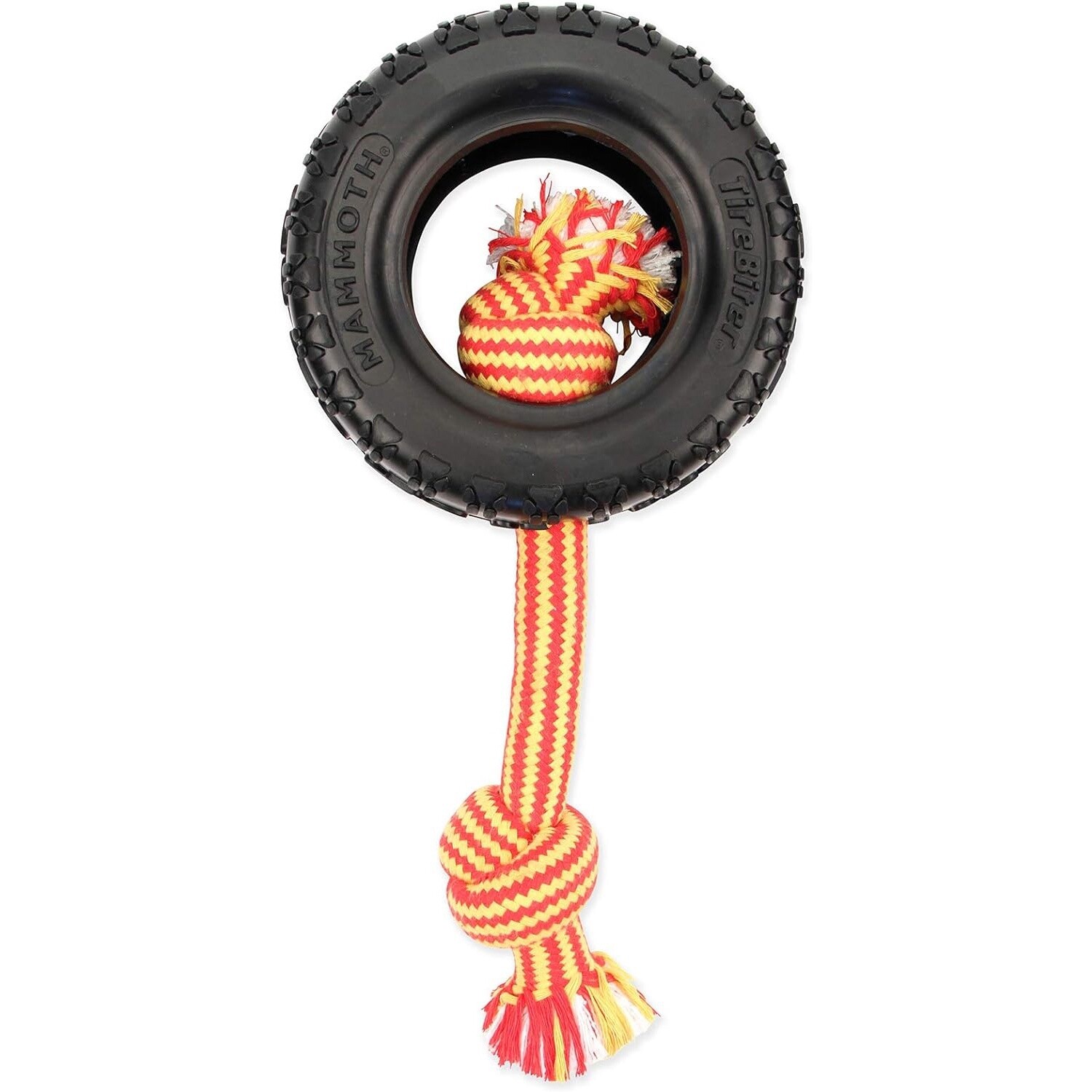 Mammoth TireBiter Natural Rubber Dog Toy w/ Rope Large 6 in (Rope Color Will Vary)