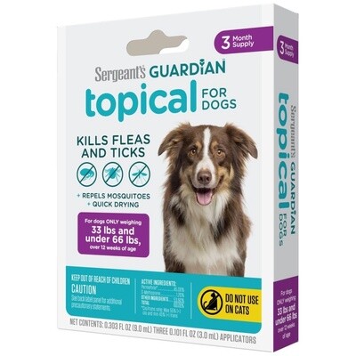 Sergeant's Guardian Flea &amp; Tick Squeeze On for Dogs 33-66... Liberty FHG Galion