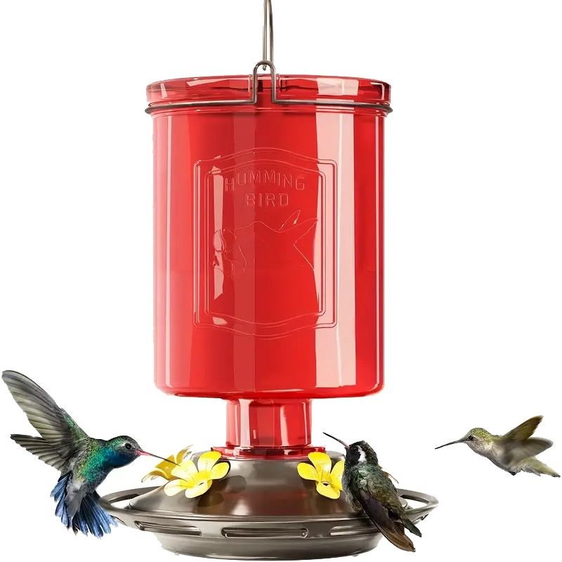 Liberty Vintage Embossed Glass Bottle Hummingbird Feeder - Red
