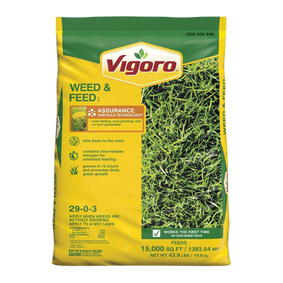 Front view of Vigoro Weed and Feed Weed Killer Plus Lawn Fertilizer 43.9 lb — LibertyFHG Galion OH