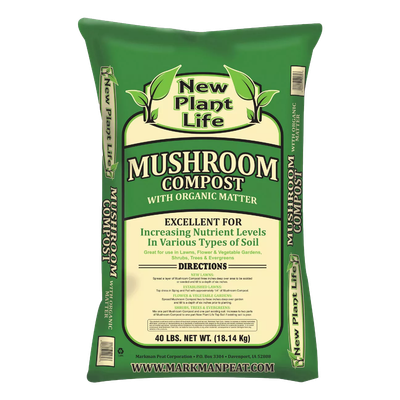 Front view of New Plant Life mushroom compost with organic matter 40 lb bag — LibertyFHG Galion OH
