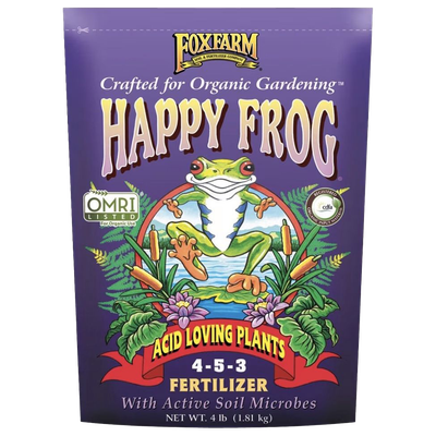 Front view of FoxFarm Happy Frog Acid-Loving Plants Fertilizer 4-5-3 4 lb bag — LibertyFHG Galion OH