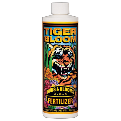 Front view of FoxFarm Tiger Bloom liquid plant food 1 pint bottle — LibertyFHG Galion OH