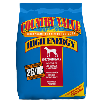 Front view of Country Value High Energy 26-18 Adult Dog Food 50 lb — adult dog food — LibertyFHG Galion OH