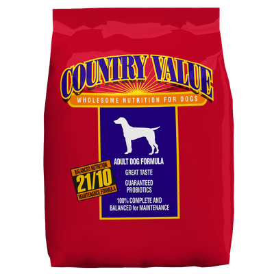 Front view of Country Value 21-10 Adult Dog Food 50 lb bag — Liberty Farm, Home &amp; Garden Galion OH