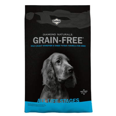 Front view of Diamond Naturals Grain-Free Wild-Caught Whitefish &amp; Sweet Potato dog food bag