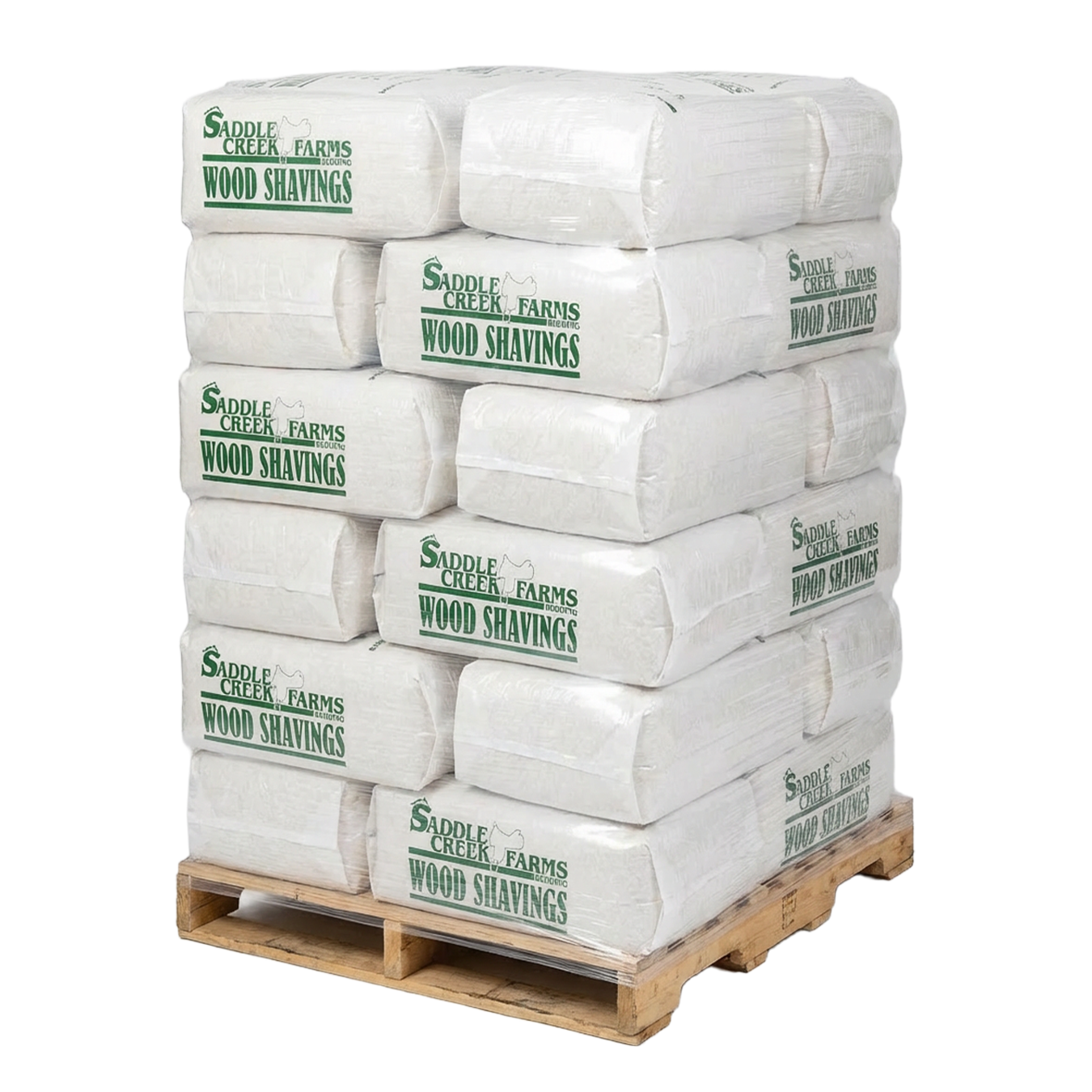 SCF Small Flake 30-bag pallet on warehouse floor — premium equine bedding