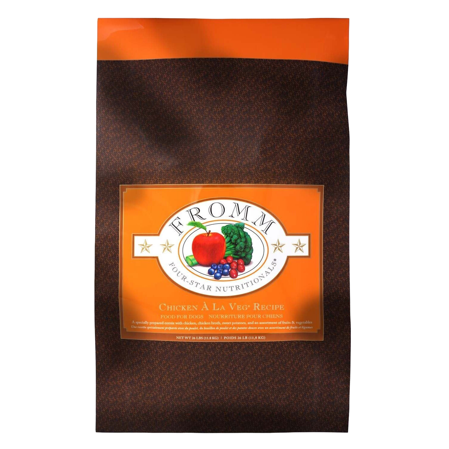 Front view of Fromm Four-Star Chicken À La Veg Recipe Dog Food 12 lb bag — Liberty Farm, Home &amp; Garden Galion OH
