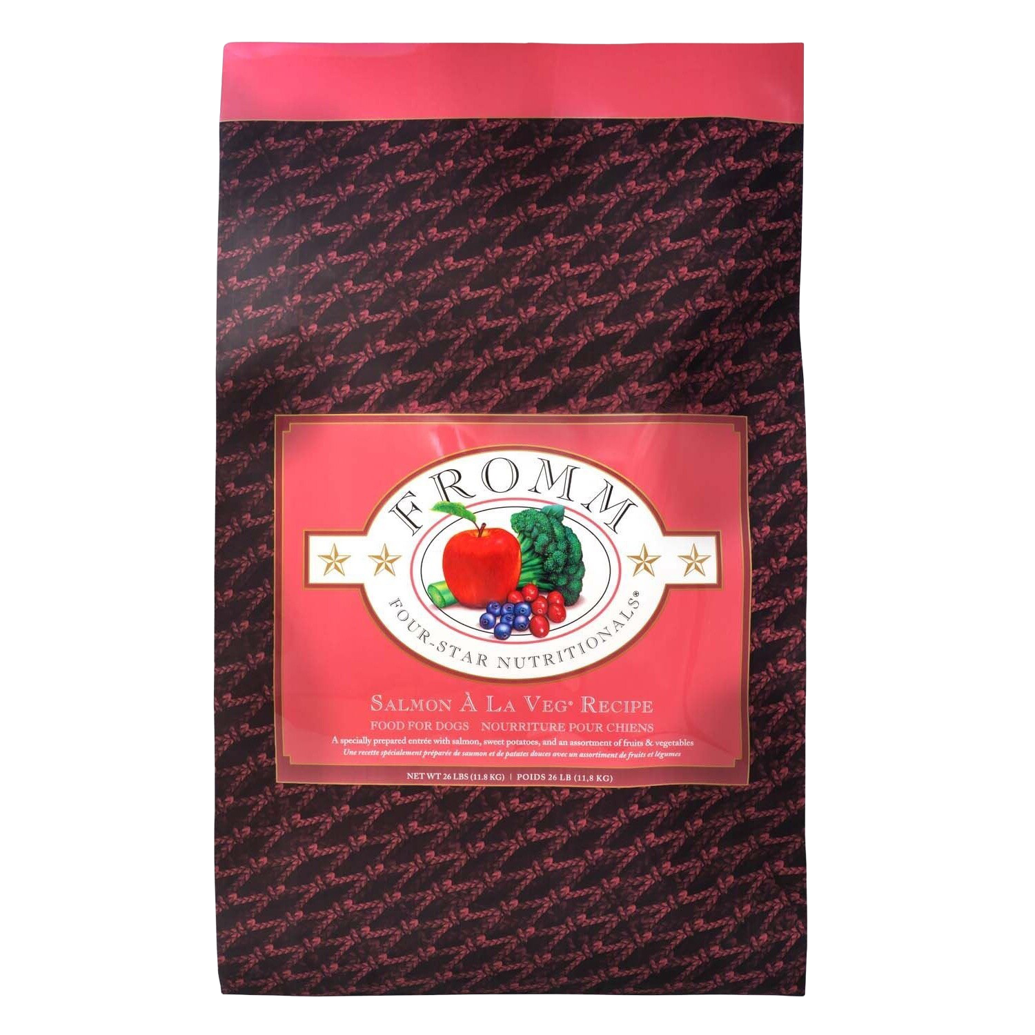 Front view of Fromm Four-Star Salmon À La Veg Dog Food 26 lb bag — LibertyFHG Galion OH