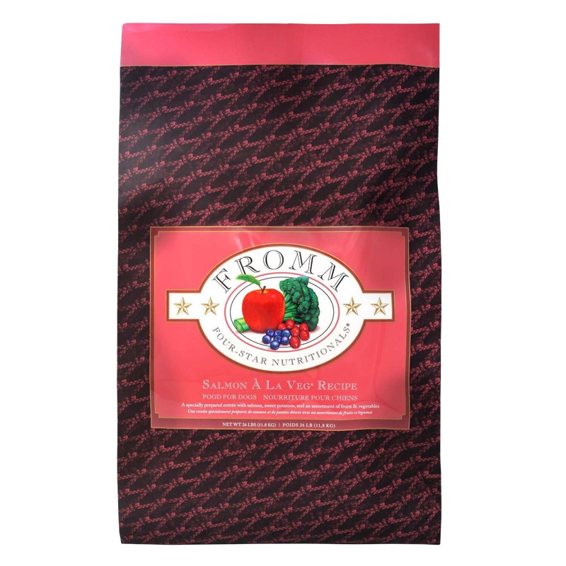 Front view of Fromm Four-Star Salmon À La Veg Dog Food 26 lb bag — LibertyFHG Galion OH