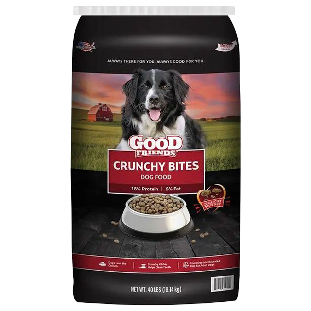 Front view of Good Friends Crunchy Bites Dog Food 40 lb bag — LibertyFHG Galion OH