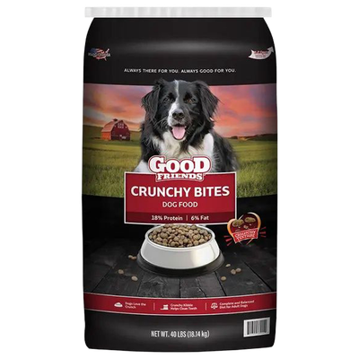 Front view of Good Friends Crunchy Bites Dog Food 40 lb bag — LibertyFHG Galion OH