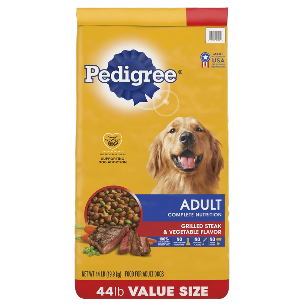 Front view of Pedigree Complete Nutrition Grilled Steak &amp; Vegetable Dog Food 44 lb bag — LibertyFHG Galion OH