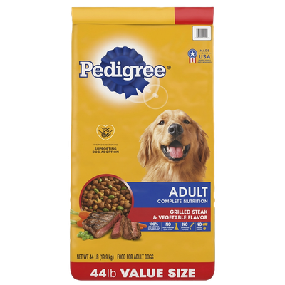 Front view of Pedigree Complete Nutrition Grilled Steak &amp; Vegetable Dog Food 44 lb bag — LibertyFHG Galion OH