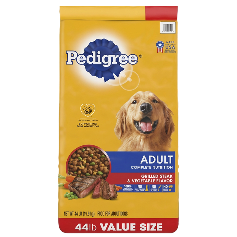 Front view of Pedigree Complete Nutrition Grilled Steak &amp; Vegetable Dog Food 44 lb bag — LibertyFHG Galion OH