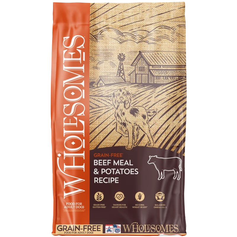 Front view of Wholesomes Beef Meal &amp; Potatoes Recipe Dog Food 35 lb bag — LibertyFHG Galion OH