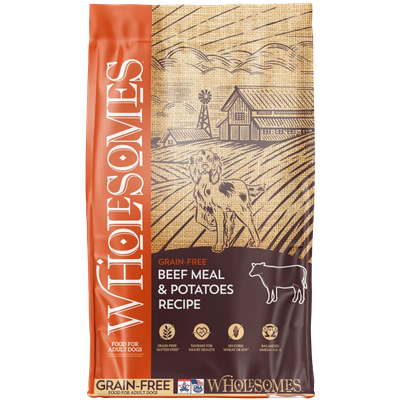 Front view of Wholesomes Beef Meal &amp; Potatoes Recipe Dog Food 35 lb bag — LibertyFHG Galion OH